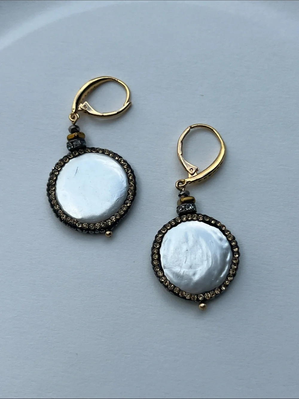 Gold-Trim White Mother-of-Pearl Drop Earrings with Crystal Halo